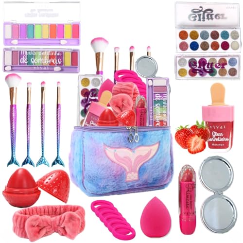 Kit de Maquiagem Infantil, 11 Itens, com Maleta Sereia, Paletas d...