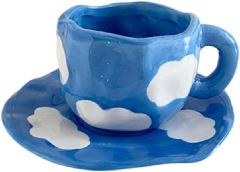 Japanese Hand Painted The Sky and White Clouds Coffee Cup With Saucer Ceramic Handmade Tea Set(E)