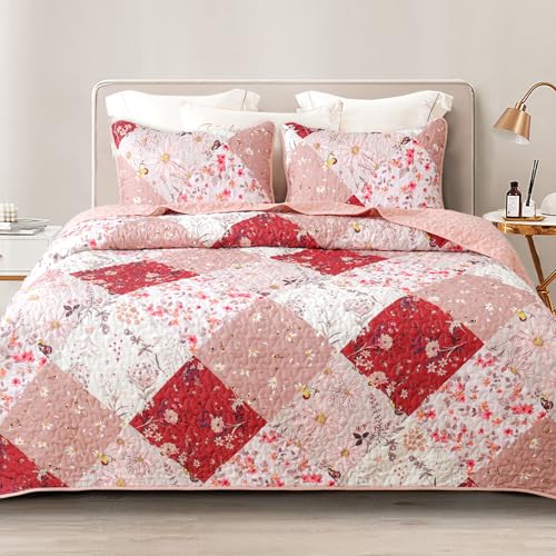 Whale Flotilla Patchwork Quilt Twin Size, Extra Soft Boho Floral Bedspreads for Bed Reversible Lightweight Twin Quilt Bedding Set Printed Coverlets with 1 Pillow Sham for All Seasons, Red