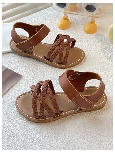 Image of GORGLITTER Girl's Leather Ankle Strap Flat Sandals Dressy Braided Round Open Toe Summer Vacation Beach Cute Sandals 2025