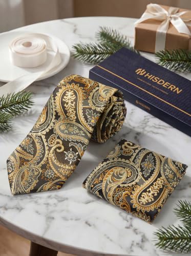 Image of HISDERN Extra Long Ties for Men Classic Floral Tie and Pocket Square Elegant Silk Necktie Handkerchief Set Wedding Party