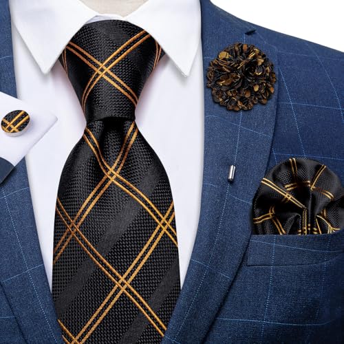 Image of DiBanGu Silk Ties for Men Necktie and Lapel Pin Brooch Set Formal Woven Paisley Plaid Striped Solid Tie Wedding Party