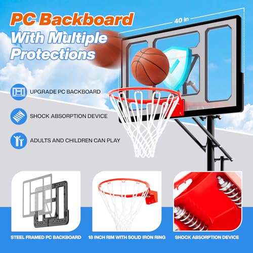Image of AWII SPORT Basketball Hoop Outdoor Protable 40 /44 /48 Inch Impact Backboard, 4.8-10FT Height Adjustable Basketball Hoop Goal System with Wheels for Adults