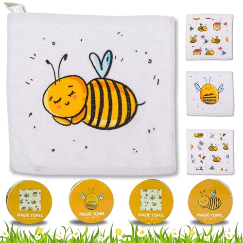 Bada Bing 4er Set Magisches Handtuch Biene - Zauberhafte Baumwoll-Waschlappen mit Aufhänger Zauberhandtuch für Kinder ca. 30x30cm 4fach s. Gastgeschenk Kindergeburtstag Geburtstag Geschenk Mitgebsel