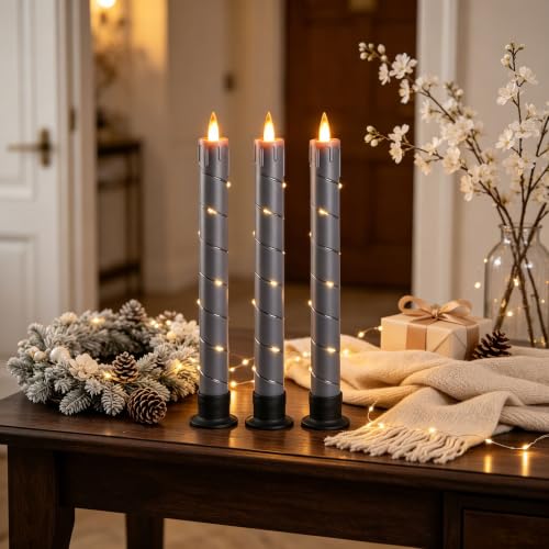 Image of 3 Pack Gray Dripping Wax Flameless Candles, Realistic Dynamic Flame LED Taper Candles with Surrounding Fairy String Lights, Remote Control Battery Operated Candles for Home Wedding Holiday Decor