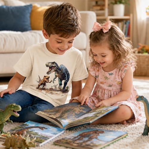 Image of Dinosaur Shirt for Kids Boys Girls Funny Toddler Dino Short Sleeve Graphic Cotton Tee Top 2-7T