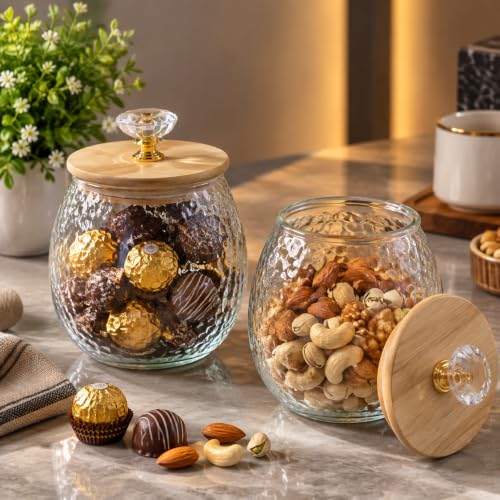 Image of bellemax 500ML Clear Glass Storage Jar With Air Tight Wooden golden butterfly Lids- Airtight Food Jars Glass Kitchen Containers For Pantry, Pickle Jar, Sugar Pasta Sugar Storage Jar (BM-04, Set of 2)