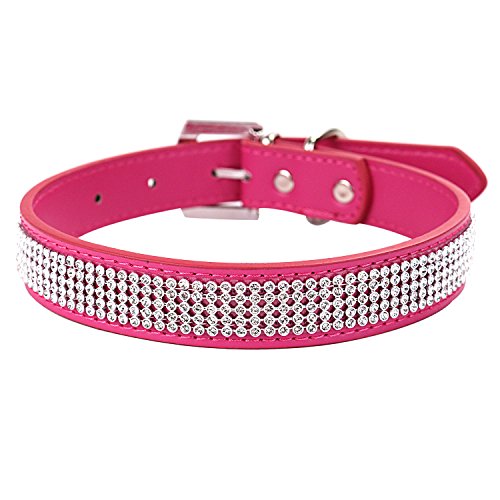 Eizur Chien Chat PU Cuir Collier Strass Col Bling Bijoux Pet Collar Supplies avec Boucle Réglable Taille S - Rose Rouge