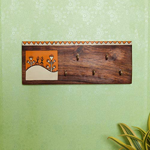 Image of Artysta 'Celebration of Life' Orange and White Wooden Key Holder for Wall Stylish Decorative Keychain Holder Key Hanger for Home Decor (5 Hooks)