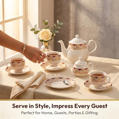 Image of U.P.C. Tea Set with Kettle /Tea Service Set /Tea Kettle Set /Tea Set with Saucer of 15 Pcs (1 Kettle + 6 Saucers+ 6 Cups +1 Milk Pot + 1 Sugar Pot) (Tea Set) (Kettle-Set-TS011)