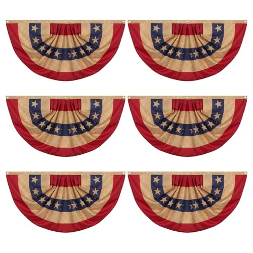 Fanfanwin 6 Pcs Tea Stained Patriotic Bunting Flags 2x4 ft 250th Anniversary Patriotic Decorations Hanging American Half Fan Flag Banner for Outside Independence Day Memorial Day with Brass Grommets