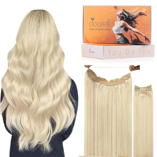 Image of DOORES Wire Hair Extensions, Platinum Blonde 14 Inch 75g Fish Line Weft Extensions and 2pcs 30g Clip ins, 105g Invisible Wire Real Remy Human Weft Straight Transparent Seamless Hairpiece