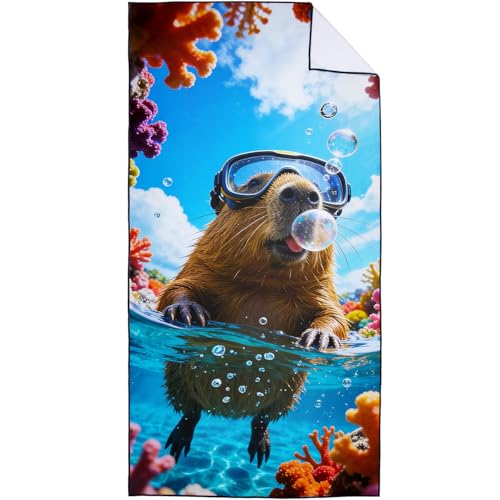 Violetpos Mikrofaser Groß Strandtuch 90x180 cm - Schnelltrocknendes & Kompaktes Handtuch/Strandhandtuch, Capybara Tauchen Motiv Badetücher für Reise Urlaub Camping mit Tasche