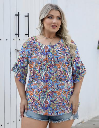 Image of Micoson Womens Plus Size Tops 3 /4 Ruffle Sleeve Crewneck Pleated Shirts