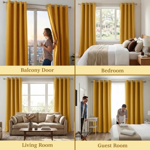 Image of 100% Blackout Window Curtains, 9 Feet, Solid Design, Faux Silk, Thermal Insulated, Noise Reducing Eyelet Door Curtain with Tie Back for Living Room & Bedroom, 115x274cm, Pack of 1 - Yellow