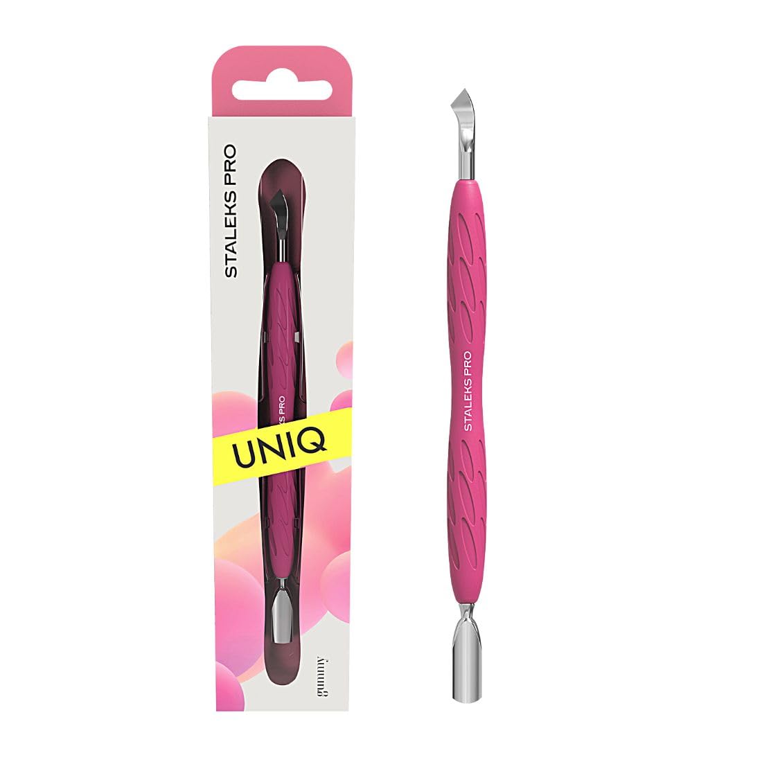 STALEKS PRO Manicure Pusher with Silicone Handle (Rounded Narrow Pusher and Bent Blade) - UNIQ Gummy - Pack of 1 - Model PQ-10/4.2