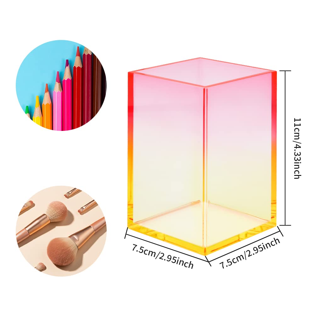 Gradient Acrylic Pen Container Holder,Clear Yellow Red Makeup Brush Holder Pen Pencil Cup Pot Acrylic Desktop Organizer Home Office Desktop Decoration for Kid Student Girl Woman Gift - Image 2