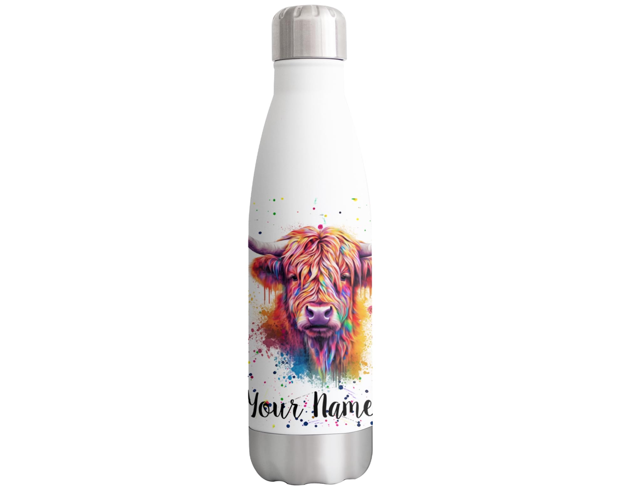 Vixar Highland Cow Personalised Custom Bottle with your Text/name Watercolour Scottish farm Animals Bottle Double Wall Insulated Stainless Steel Sport Drinks 500ml HC4