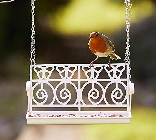 garden mile® Novelty White Metal Hanging Hook Wild Bird Feeder Bench Swing Seat Garden Decoration Bird Table Mixed Seed Or Nut Feeder Bird Feeding Station With Seed Tray Outdoor Tree Ornaments Decor