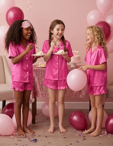 Image of Arshiner Girls Pajamas Silk Satin Pajama Set Button Pjs Ruffle Sleepwear