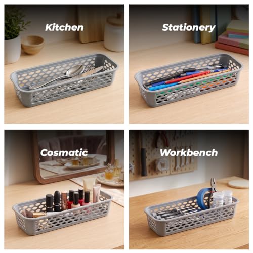 Image of RATAN PLASTICWARE Diana Tray Rectangular-Narrow (Pack of 6) Plastic Storage for Desk Basket /Organizers for Stationery, Jewellery, Tools,Kitchen, Office-Daiso Grey