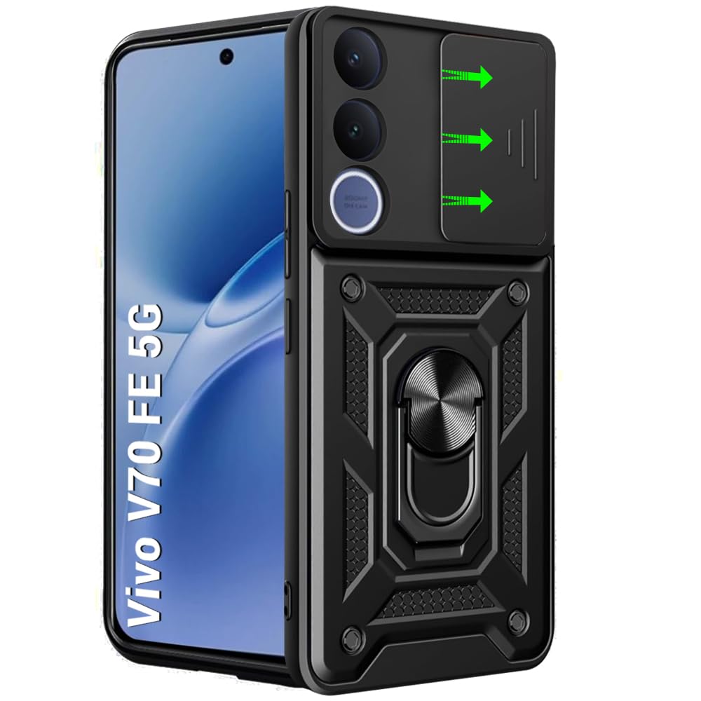 TheGiftKart Tough Armor Bumper Back Cover Case for Vivo V70 FE 5G | Sliding Camera Cover, Kickstand & Ring Holder | 360 Degree Protection Back Cover Case for Vivo V70 FE 5G (PC & TPU, Black)-image-31