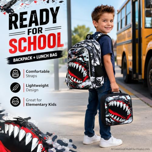 Image of 3Pcs Boys Backpack, 16 inch Shark Bookbag for Elementary Preschool Kindergarten, Kids School Backpacks with Lunch Box(Black)