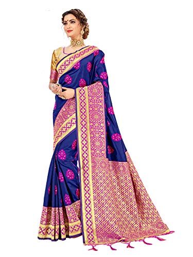 Sarees for Women Banarasi Art Silk l Tradional Indian Wedding Diwali Gift Sari with Unstitched Blouse Navy Blue