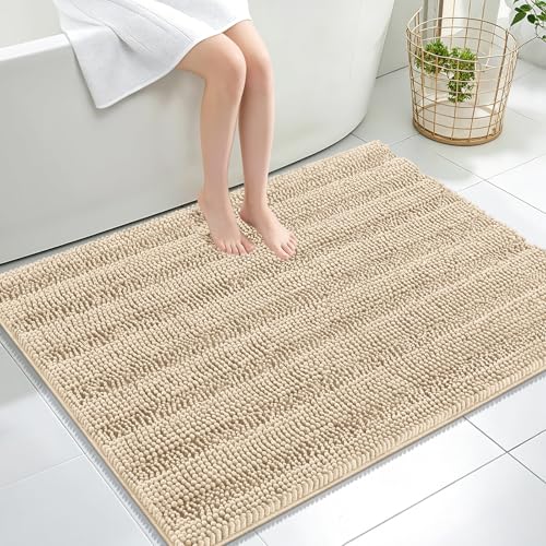 Image of OLANLY Thick Large Bathroom Rugs 40x32, Extra Soft Absorbent Chenille Striped Bath Rugs, Rubber Backing, Machine Wash Dry, Bath Mats for Bathroom Floor, Tub and Shower, Home Decor Accessories, Beige