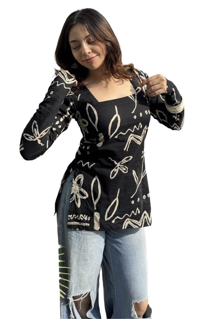 Women's Full Sleeves Rayon Printed Square Neck Short Kurti, Bell Sleeves, Short Kurti for Women, Stylish Ethnic Top, Daily Casual Western & Office wear