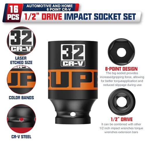 Image of 16 Piece 1 /2 inch Drive Impact Socket Set, 10-32 mm Thicker Deep Sockets, Metric Socket Set, 6-Point, Cr-V, Automotive and Home