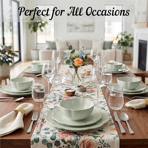 Image of Sango 12 Pieces Scalloped Dinnerware Set, Sage Green Dishes for 4, Premium Serving Plates & Bowls Sets, Chip Resistant, Ceramic Dishware, Kitchen Dish, Microwave & Dishwasher Safe, Bethany