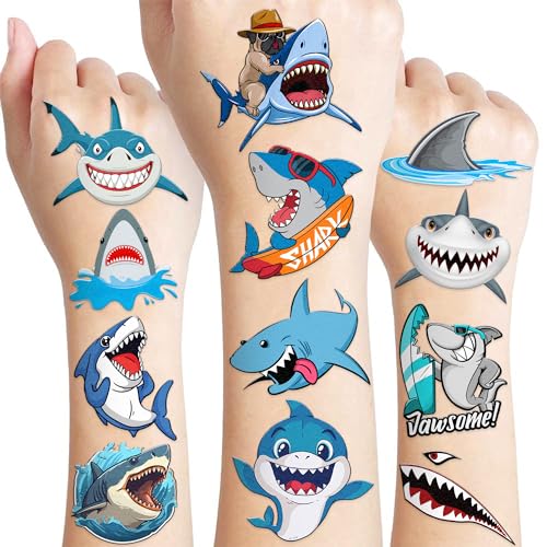 96 PCS Shark Pre-Cut Temporary Tattoos Sticker Sea Animal Fish Under The Sea Ocean Birthday Party Decorations Decor Favors Supplies Gifts Boys Girls Cute Fake Tattoo School Reward Themed (Normal)
