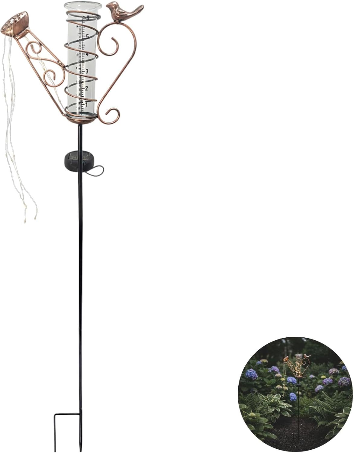 Solar Watering Can Lights With Bird Accent, Iron Kettle Rain Gauge, Led String, Rustproof Metal, Patio Yard Decor, 36 X 8.5 X 2 In