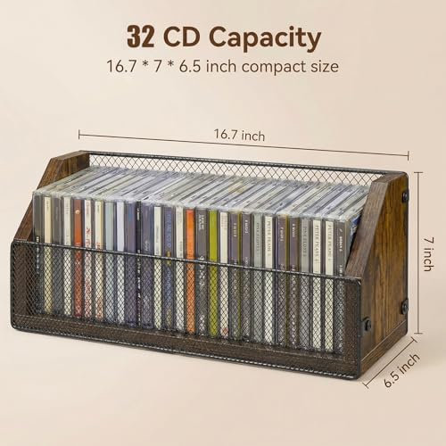 Image of CD Storage Rack, Wooden CD Organizer Holds 64 CDs (32 Each), Retro CD Shelf for Desktop, Perfect for DVD, Blu ray & Video Game Cases, Space Saving