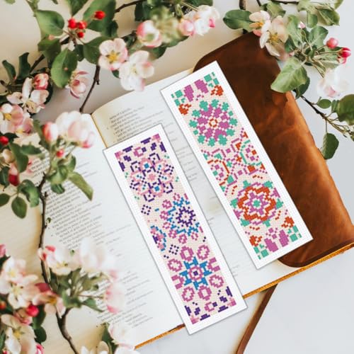 Image of BEUNITONE 6 Pcs Mandala Cross Stitch Bookmark Kits for Beginners DIY Stamped Embroidery Bookmark Kit Colorful Floral Punch Needle Set with Instructions Craft Kit for Book Lover Gifts 8''x2.4''