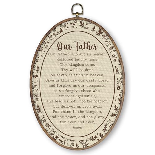 Qskjre Our Father Prayer Christian Wall Art Decor Vintage Bible Verse The Lords Prayer Oval Wood Framed Canvas Wall Artwork Religious Scripture Hanging Prints for Church Office Decorations 8.6x11.4