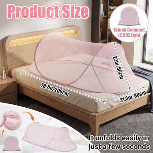 Image of Large Pop up Mosquito Net for Camping Portable Foldable Mosquito Tent Bug Net Bed Travel Patio Outdoor 78 x 31 x 22 Inch Bug Netting Mesh Tent Canopy for Adults Baby Bedroom, Pink