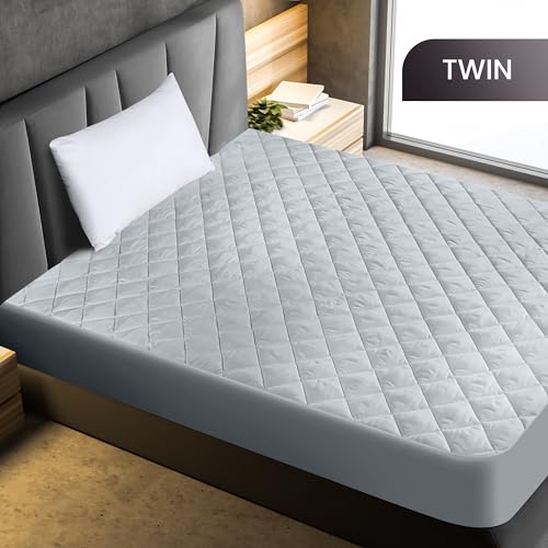 Utopia Bedding Quilted Fitted Mattress Pad, Twin Size, Elastic Fitted Mattress Topper Protector and Cover Stretches up to 16 Inches Deep, Machine Washable (Light Grey)