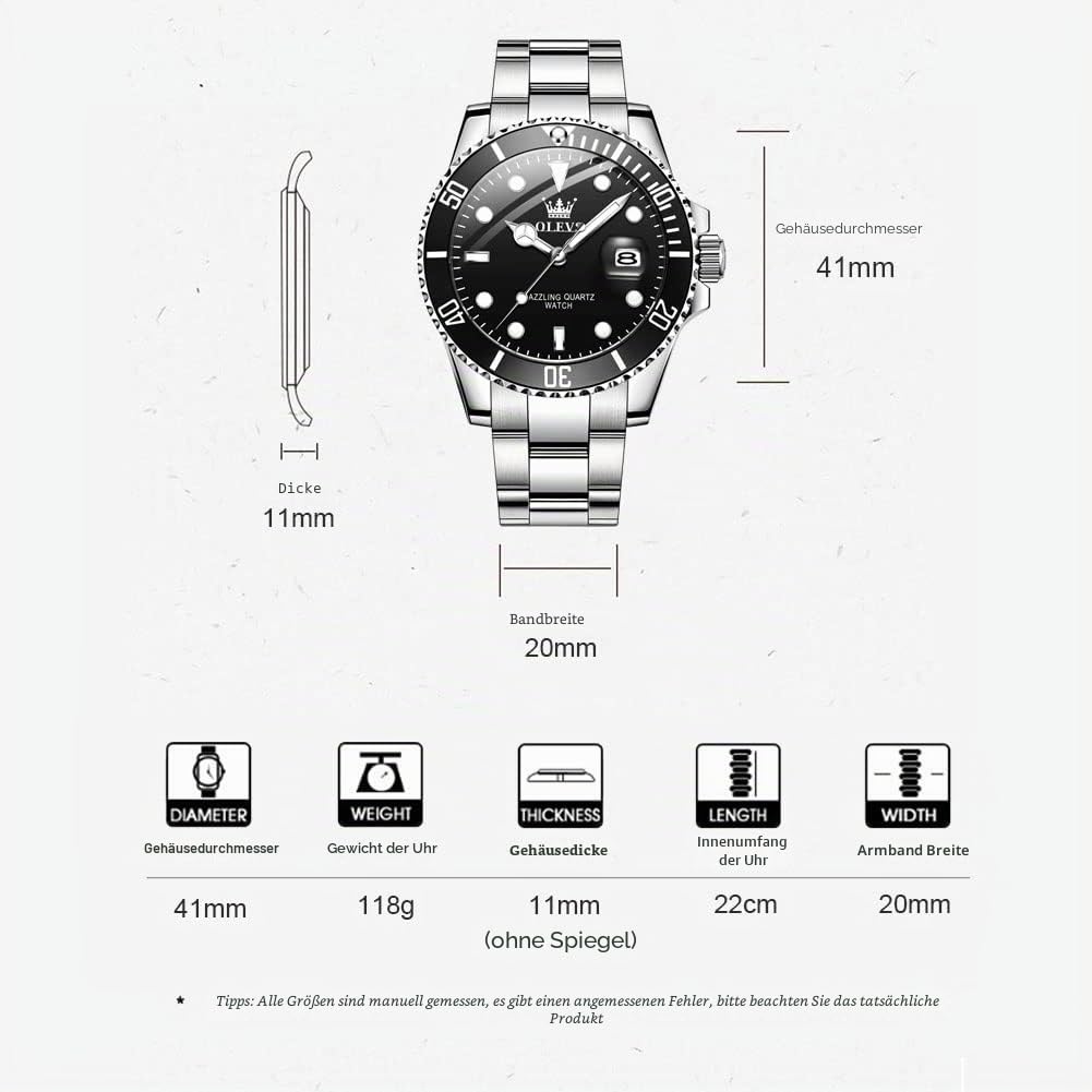 Herrenuhr aus Edelstahl, 41-mm-Zifferblatt, analoges Quarzwerk | Herren Armbanduhr mit Kalender, leuchtenden Zeigern, 3 ATM wasserdicht, eleganter Stil in Blau, Grün und Schwarz