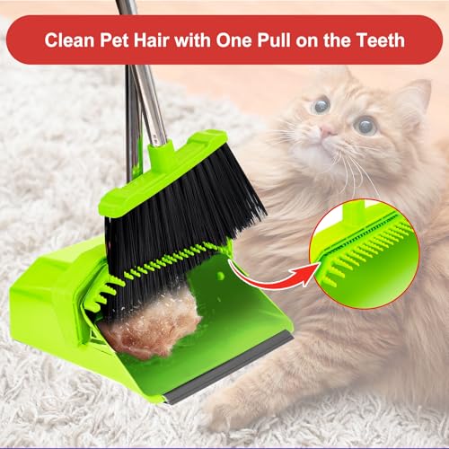 Image of Tiumso Upgrade Broom with Dustpan Combo Set, Broom and Dustpan Set with 51'' Long Handle, Large Upright Brooms and Dust Pans, ZeroGap Lip, Self-Cleaning Teeth for Lobby and Restaurant - Light Green