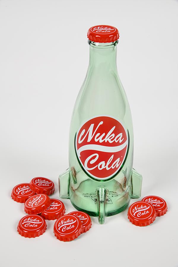 Renaissance Collectibles Fallout Nuka-Cola Glass Bottle + 10 Bottle Caps Tin Rocket Statue Figure