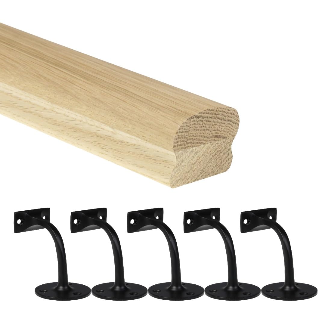 Jackson Woodturners Oak Cottage Loaf Handrail Kit 66x45mm Engineered Oak with Black Wall Brackets – Various Lengths 1800mm 2400mm 3600mm 4200mm (4200mm + 5 Wall Brackets)