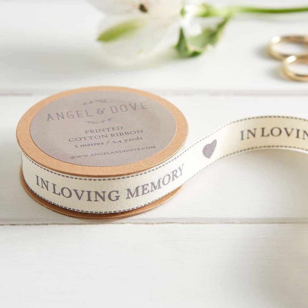 ANGEL & DOVE 'in Loving Memory' Cotton Ribbon (5m / 5.4yds) - for Funeral Flowers, Favours, Stationery, Sympathy Gifts