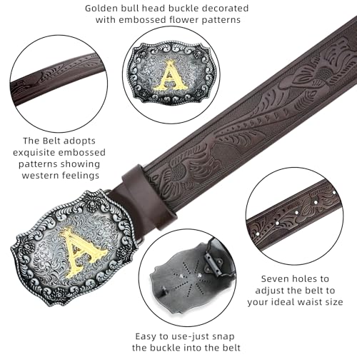Image of Mens Western Cowboy Cowgirl Faux Leather Belt Longhorn Bull Pattern Letter Big Buckle Embossed Floral Belts