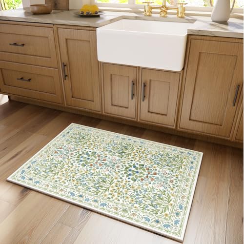 Image of Washable Entry Rug 2x3 Feet, Non-Slip Indoor Entryway Bathroom Kitchen Mat, Vintage Floral Design Rug Perfect for Entryway Decor