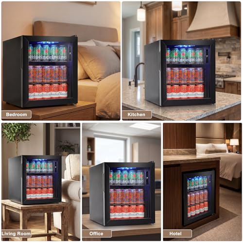 Image of Mini Fridge 50 Can, Small Beverage Refrigerator with Reversible Glass Door, Countertop Drink Cooler with Temperature Control, Compact Beer Soda Fridge for Office Dorm Kitchen, Black