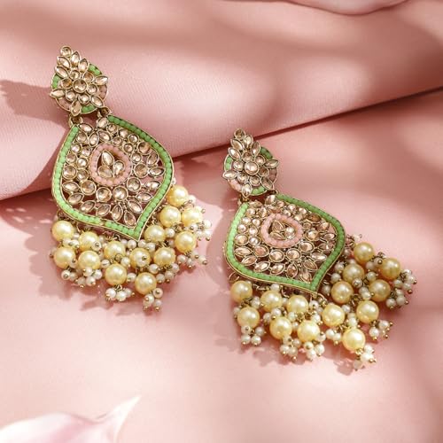 Image of Rubans Chandelier Earrings Kundan Pearl Traditional Jewellery Wedding Festive Gift for Women & Girls