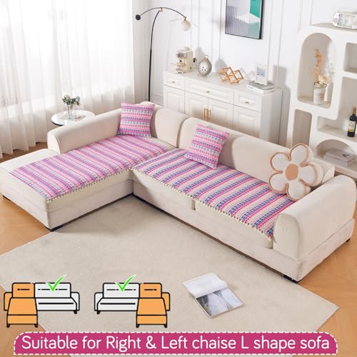 Image of HOKIPO L Shape (2+2 Seater) Sofa Cover Seat Mat | 300 GSM Cotton Acrylic Jacquard Fabric with Tassel, 'Trivana Series' Periwinkle Blue (IN-934+935-J5)