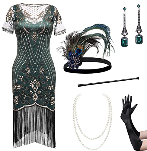 BABEYOND Vestidos de los años 20 para mujer, gran conjunto de vestido Gatsby para mujer con accesorios de vestir